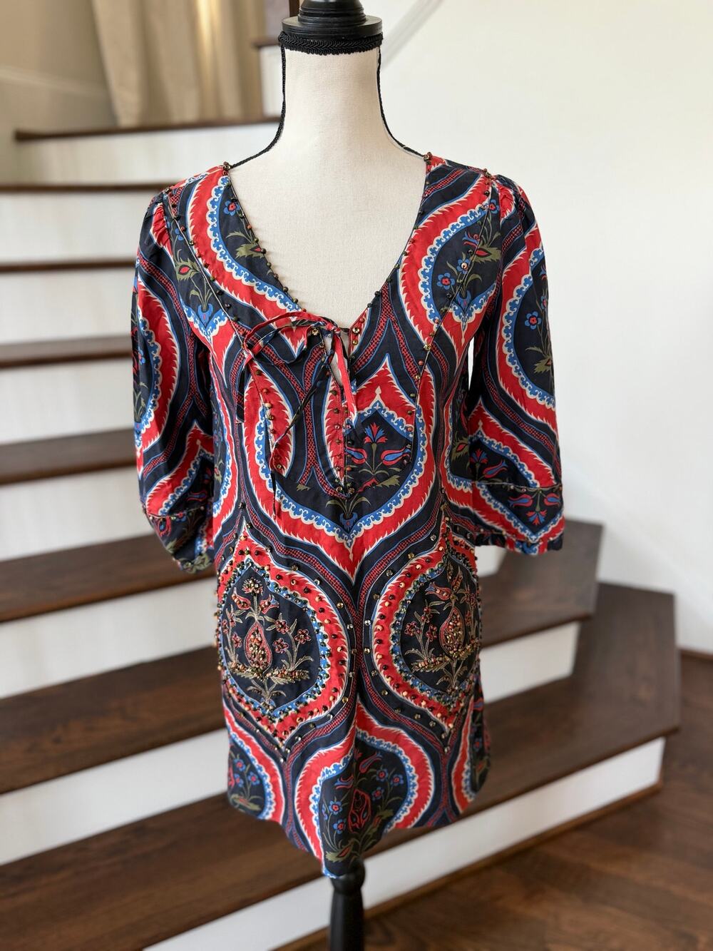 Vintage Y2K Juicy Couture Silk Red & Blue Boho Beaded Indian Block Print Dress